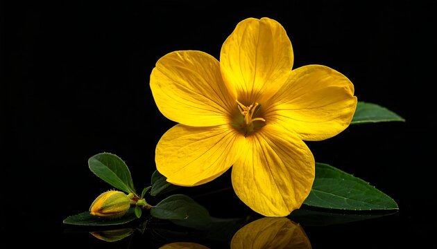 Isolated yellow flower blossom with a bud and green leaves