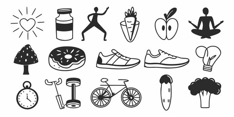Doodle style illustration showcasing healthy lifestyle elements and fitness activities icons set