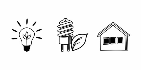 Illustration of a light bulb with a leaf inside, a spiral bulb, a leaf, and a house drawing