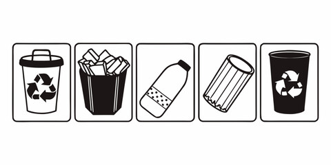 Illustration of five containers including recycling bins and a trash can with waste items