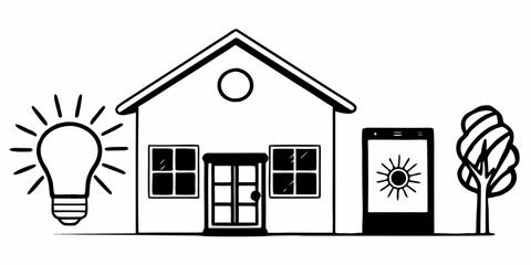 Illustration of a house with a light bulb, a smartphone and a tree in black and white style