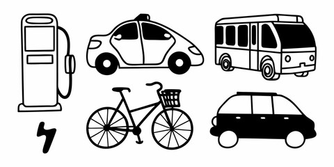 Illustration of a gas station, taxi, bus, bicycle, electric car and electricity symbol in black and white