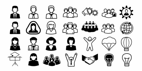 Illustration of various business and social icons including people groups and success related symbols