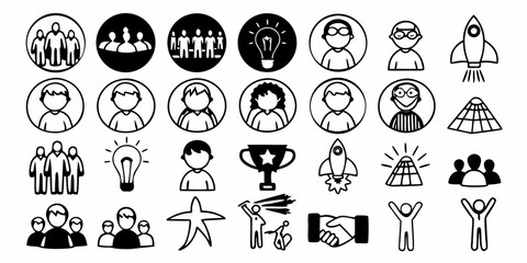 Collection of business and teamwork icons featuring people, rockets, and lightbulbs in black and white