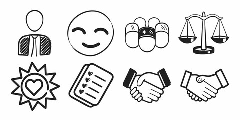 Illustration of business person, smiley face, pills, scale, sun with heart, list and handshakes