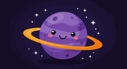 Cute Cartoon Purple Planet with Orange Ring | Space and Astronomy Vector Icon