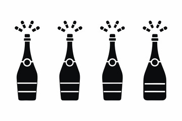 Champagne bottle popping with sparkling bubbles icon, silhouette   vector illustration