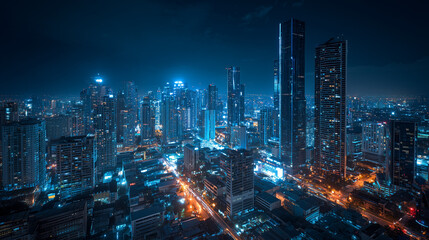 Fototapeta premium A dramatic night scene of a dense urban skyline illuminated by blue neon lights. Tall glass towers, glowing streets, and a vibrant metropolis vibe perfect for city, business, and technology visuals.