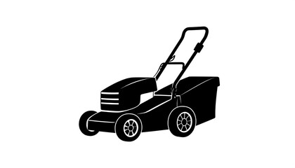 Black silhouette of a lawnmower, side view, with handle and grass collecting bag on a white background