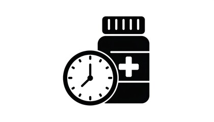 Black silhouette of a pill bottle with a clock beside it, isolated on a white background, simple and clean