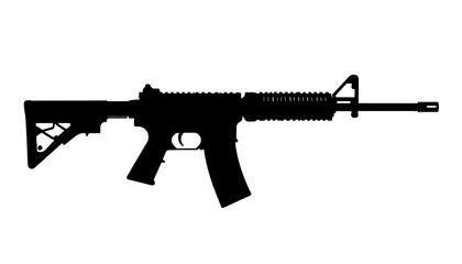 Black silhouette of a rifle with adjustable stock and rail, side profile on white background