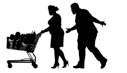 Black silhouette of couple pushing full grocery cart. Woman in heels, man with outstretched arm. White background
