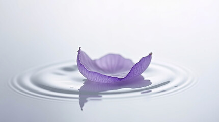 A delicate purple flower petal resting gently on the surface of water, creating ripples and a sense of tranquility and peace on a clean white background