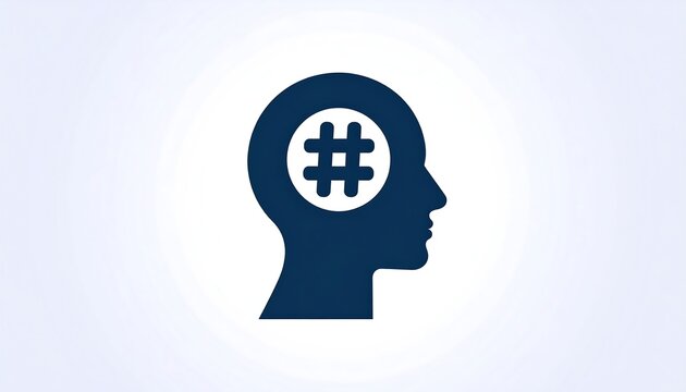 Silhouette head with hashtag symbol in the middle, blue on white gradient