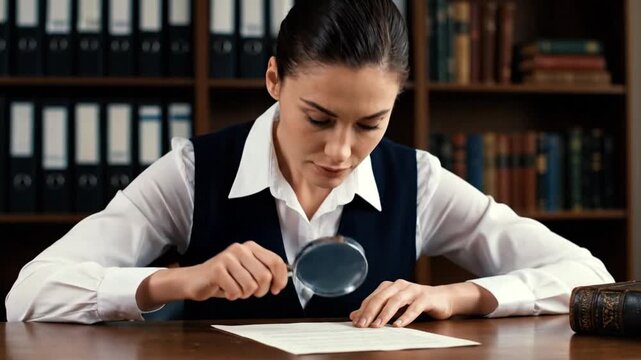Clerk Verifying Documents with Magnifying Glass &mdash; Inspection and Authentication Scene