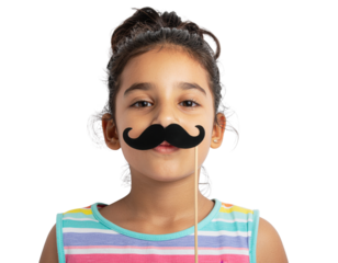 A child playfully poses with a large fake mustache held on a stick, showcasing a fun and whimsical expression.