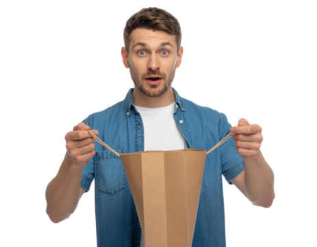 A surprised man holds a takeout box with chopsticks, expressing excitement and curiosity.