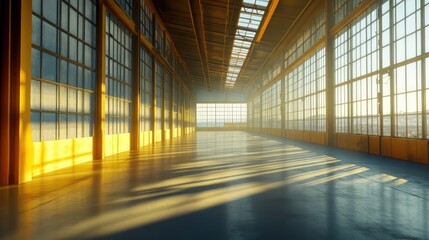 Modern building interior corridor golden light
