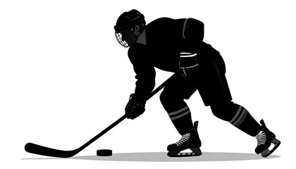 Black silhouette of hockey player in stance, stick to puck, in action, on ice, against a white background