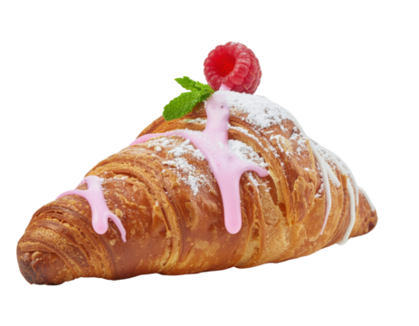 A delicious croissant topped with pink icing, a raspberry, and a mint leaf, creating an appetizing dessert appearance.