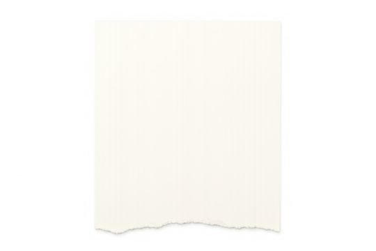 White blank paper, a vertical piece with a ragged bottom edge, showing texture, floating on a transparent background