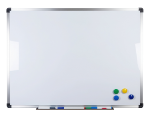 A sleek whiteboard with colorful magnets for notes or presentations, ideal for classrooms or offices.