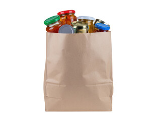 A paper bag filled with various jars, showcasing colorful lids and a variety of contents.