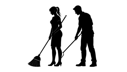 Black silhouettes of a woman and man sweeping with brooms on a white background. Vector
