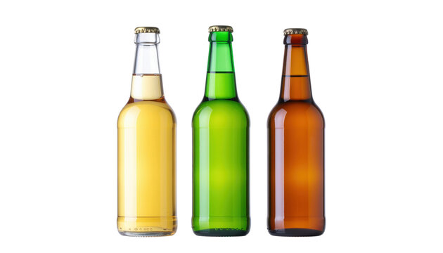 Three distinct beer bottles in varying colors: amber, green, and golden, showcasing different beverages.