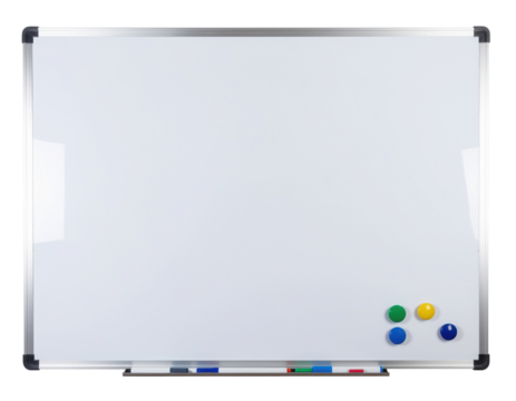 A sleek whiteboard with colorful magnets for notes or presentations, ideal for classrooms or offices.