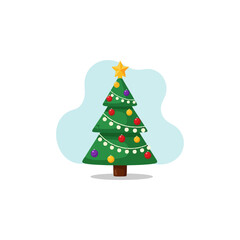 Fototapeta premium Festive Christmas tree illustration with star, colorful ornaments, and sparkling lights, holiday season