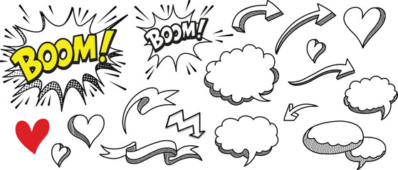 A black and white comic book style doodle set with “BOOM!” sound effects, speech bubbles, arrows, hearts, and a ribbon banner accented in red