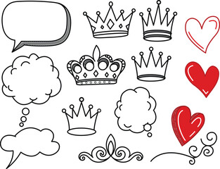 A decorative hand drawn doodle set featuring elegant crowns, red hearts, and various speech and thought bubbles