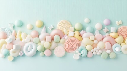 46.A cheerful and whimsical candy display featuring a mix of rainbow-colored chocolates, marshmallows, and hard candies, contrasting beautifully against a pastel turquoise backdrop for a fun,