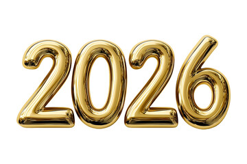 Gold 2026 New Year text with a metallic shine on transparent background