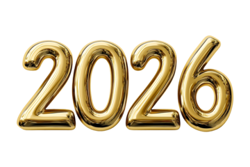 Gold 2026 New Year text with a metallic shine on transparent background