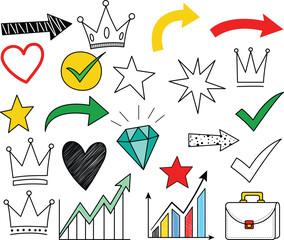 A vibrant hand-drawn collage of business and success icons including crowns, arrows, hearts, charts, stars, and diamonds in bold colors with black outlines