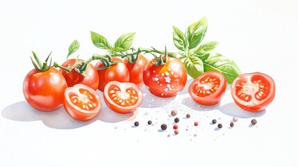 Fototapeta premium 94.A bright and inviting setup of several ripe cherry tomatoes, with a few whole and halved, showcasing their juicy interiors. Fresh basil leaves and a dash of sea salt rest nearby, while subtle