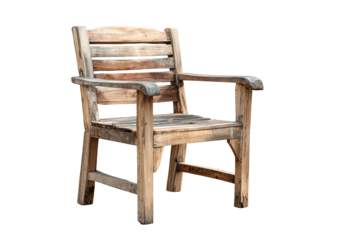 Rustic wooden chair, aged planks, on transparent ground