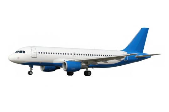 Passenger jet airplane presenting long haul air travel, global tourism, and cargo transportation on transparent background