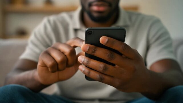 young man texting on mobile phone in the living room