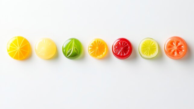 90.A crisp, detailed shot of assorted fruit hard candies in bright reds, yellows, and greens, arranged in a neat line, with the light shining off their hard, glossy surfaces against a minimalist