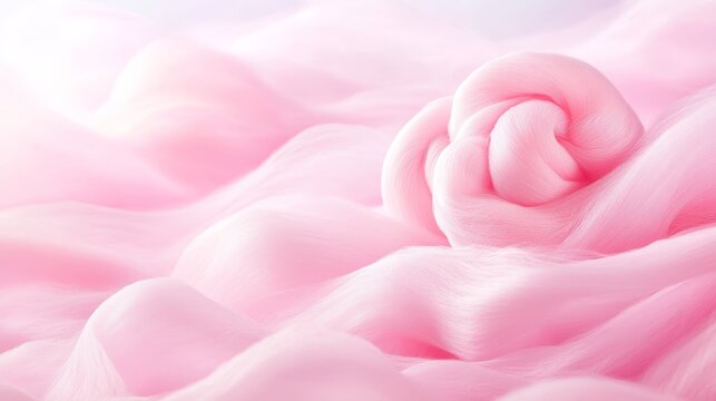 68.A dreamy, abstract shot of swirling, soft pink cotton candy, with delicate, feathery tendrils floating across a smooth, blurred pastel background, evoking a sweet, nostalgic feeling.