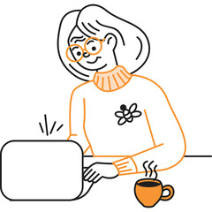 Elderly woman with glasses smiling while working on a laptop with a cup of coffee beside her on a transparent background