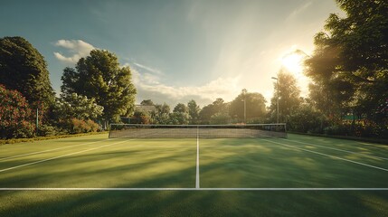 Scenic outdoor tennis court bathed in the warm glow of the morning sun, nestled among lush green trees