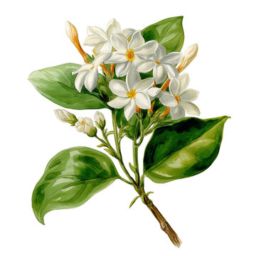 Watercolor illustration of vibrant stephanotis bloom, isolated on a white background, clear edges, botanical clipart style.