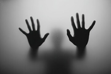 Two shadowy hands and a blurred figure pressed against a translucent surface, monochrome