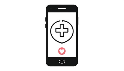 Black smartphone showing a shield with plus sign and a heart on its screen against a white background