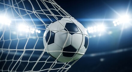 Soccer ball caught in net stadium lights goal