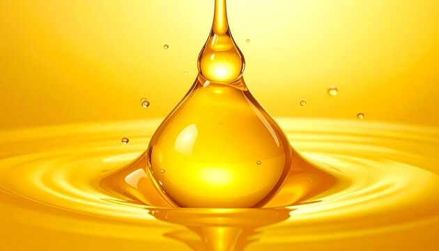 A glistening golden drop of liquid, suspended before it hits the surface, creating ripples in the smooth, yellow liquid - Powered by Adobe